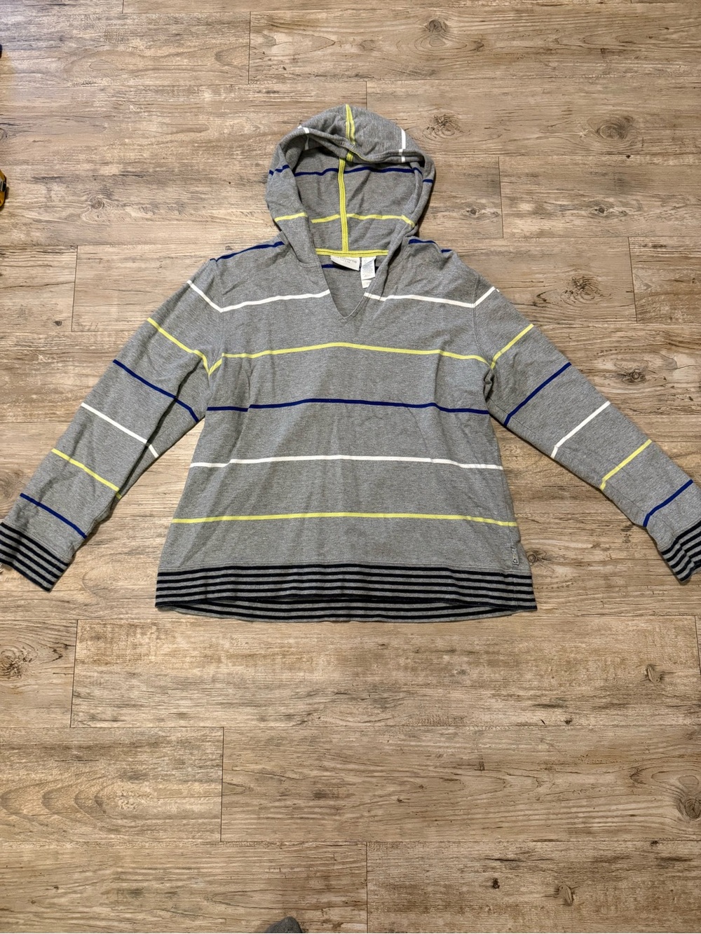 Liz Claiborne Gray Striped Hooded Pullover with Yellow Trim